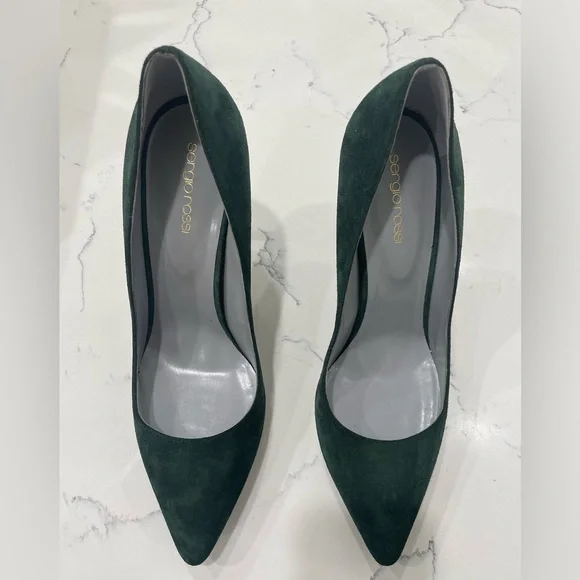 Sergio Rossi Dark Green Suede Pointed Toe Pumps Heels - Picture 2 of 16